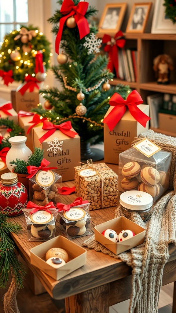 A collection of affordable Christmas gifts including baked goods, handmade ornaments, and cozy scarves on a wooden table with holiday decorations.
